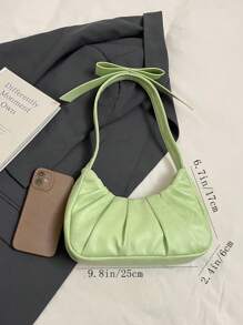 1pc Fashionable Green PU Pleated Cloud Shoulder Bag With Bow Decor, Simple & Elegant For Women