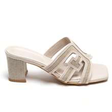 Mules à Talon Carré avec Découpe Géométrique et Tissage Élégant - 米色 - 查看 2