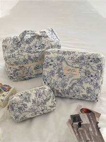 3pcs/1pc Ditsy Floral Quilted Canvas Cosmetic Bag, Large Capacity Portable Toiletry Bag, Travel Makeup Organizer Pouch