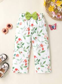 Conjunto de 2 piezas para niña: Top con mangas tipo gorra y adorno de lazos y pantalones largos con estampado floral, para verano