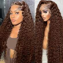 PAZAT Deep Wave Human Hair Wig 200% Density 13X4 Lace Front Wig Chocolate Hair Chestnut Brown Color Deep Curly Wave Swiss HD Lace Front Wigs Mixed Protein Hair For Women Short Bob Wigs(8-14Inch) - Chocolate Brown - View 3