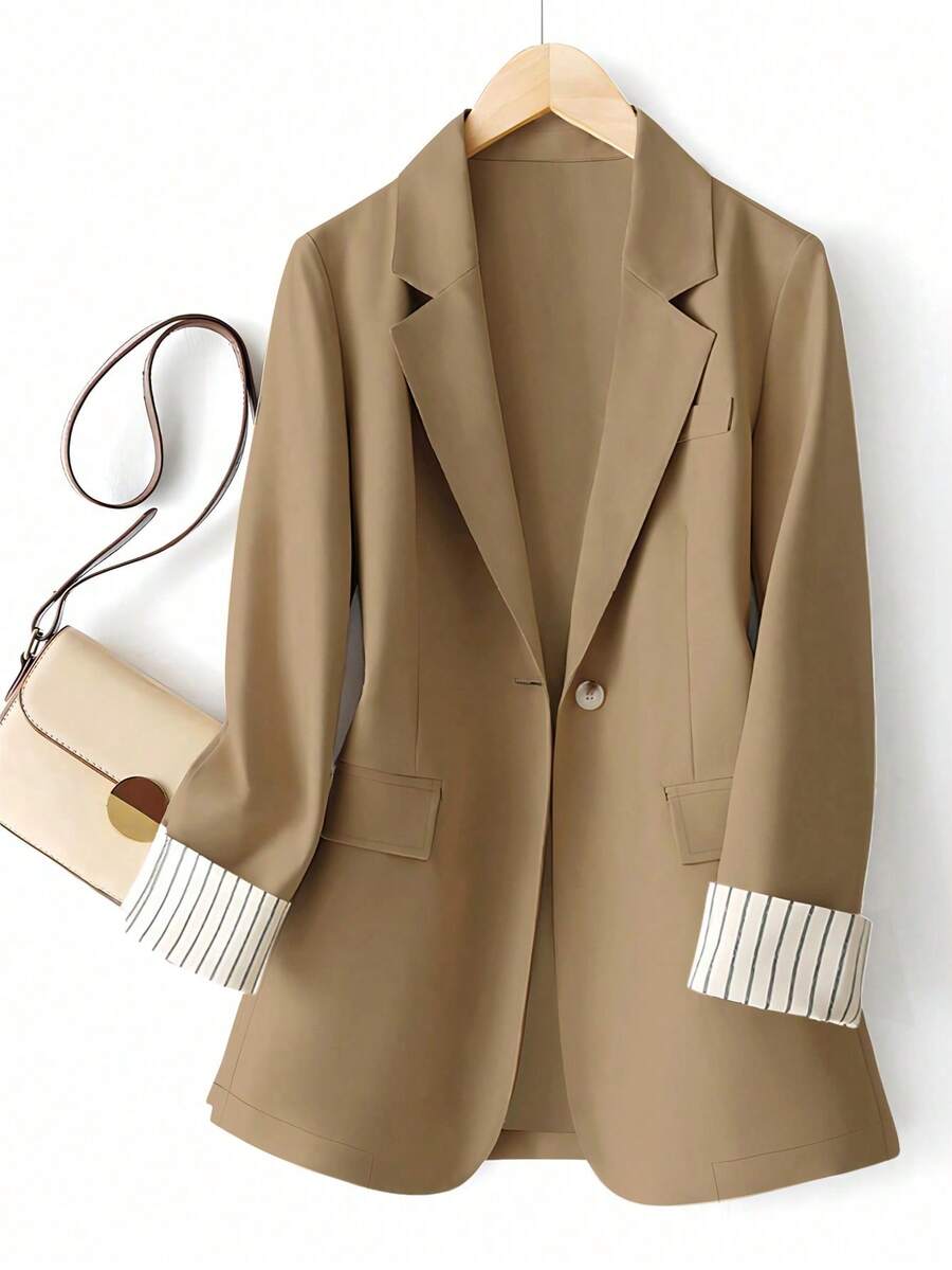 女士袖口条纹拼布单扣常规西装外套