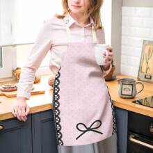 1PC Pink Linen Kitchen Apron, Lace Bow Print, Woven Polyester Cooking Apron, Student Dormitory Exclusive Apron