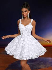 Anymoon Elegant Solid Color Applique Spaghetti Strap Cocktail Party Dress, Prom Dress, For Valentine's Day - White - View 6