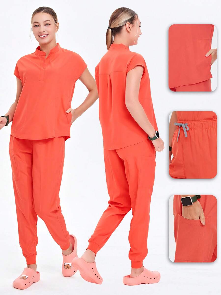 Bộ đồng phục y tá màu trơn, cổ đứng, chất liệu co giãn, nhanh khô, phù hợp cho nữ giới/làm đẹp/văn phòng/gia đình, bao gồm áo và quần ống côn. Mùa xuân - trái cam - Xem 1