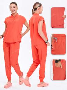 1 Set Solid Color Fashion Stand Collar Quick-Dry Elastic Nurse Uniform Set, Suitable For Women /Beauty Care/Office/Home, Including Top & Tapered Pants