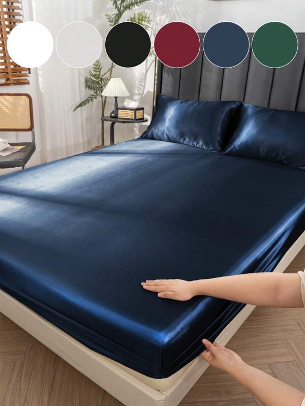 2/3pcs Luxury Satin Fitted Sheet Set, Bedding Set, Fitted Sheet Set, Bed Cover Set, Solid Color Mattress Cover Set, Soft And Comfortable Bedding Set For Bedroom, Deep Mattress Protector, 1pc Mattress Cover With 1/2pcs Pillowcase, Bed Cover Set, Fits Twin Full King Queen Size Bed, Ultra Soft And Breathable, Silky Smooth, Anti-Wrinkle, Machine Washable Fitted Sheet, For Mother's Day Gift, Perfect Holiday Gift,