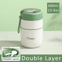 1 Pc Stainless Steel Vacuum Thermal Portable Lunch Box Double Layer 500ml & 680ml Insulated Lunch Food Warmer Soup Cup Insulated Containers Bento Lunch Box With Foldable Spoon (Lid Randomly Shiped)