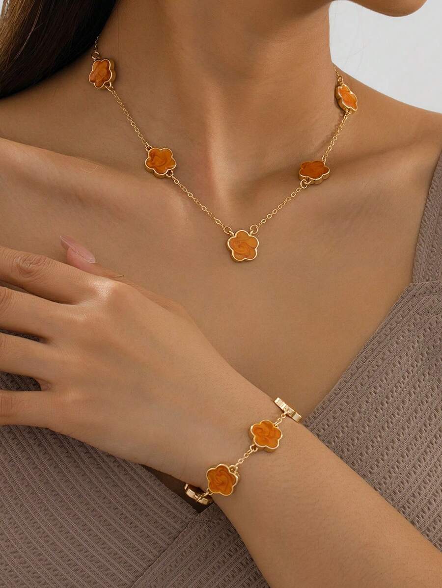 1 套复古夏季度假风格多巴胺亮橙色五叶草吊坠项链和手链女士 - 橘色 - 查看 1