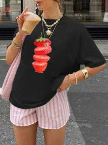 Parte superior de manga corta, de cuello redondo, holgada y casual con estampado de patrón de fresa para mujer, camiseta casual personalizada para festival de música