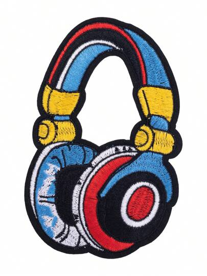 1个蓝色音乐耳机熨烫贴片，DIY服装配饰材料，刺绣缝纫熨烫贴花装饰贴片，适用于衣服、鞋子、包包，夏季、学校