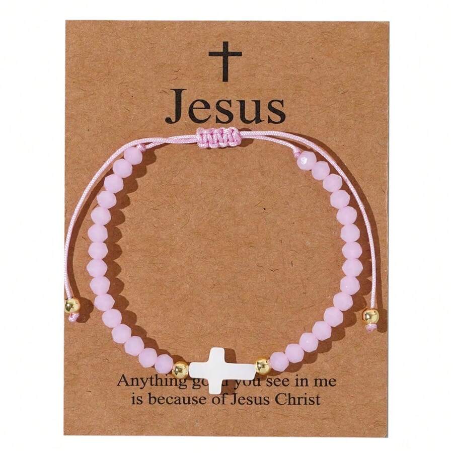 1PC/Casual Personalized/Minimalist Cross Pendant/Gold Bead, Colorful Bead Bracelet, Easter Limited Edition/Easter Card/Lucky Bracelet/Drawstring Design With Adjustable Length, Personalized Multifunctional Daily Accessory, Versatile, Gift For Family And Friends