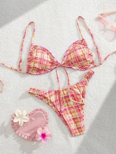 Nuovo set bikini sexy a due pezzi a triangolo a quadri, per donne, per vacanze estive e spiaggia