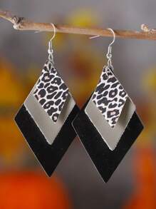 1 Pair Boho Layered Teardrop & Diamond Shape Faux Leather Leopard Print Dangle Earrings, Leaf Design Personalized Fashionable Earrings, Gift For Women