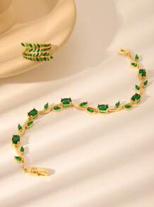 2pcs 18k Inlaid Green Zirconia Tennis Eye Branch Bracelet & Open Ring Set, Fashion Accessories For Women, Suitable For Daily Wear And Dating