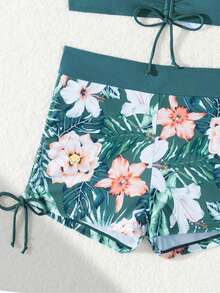 2pcs Green Floral Print Wrap Style Swim Brief Set, Suitable For Multiple Occasions Vacation Beach Summer - Blue - View 6