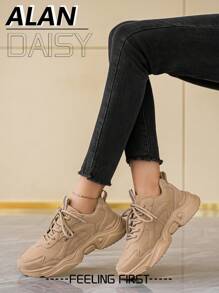 女士复古卡其色拼布前系带厚底厚底运动鞋，户外流行轻便防滑百搭舒适休闲情侣运动鞋 - 卡其色 - 查看 2