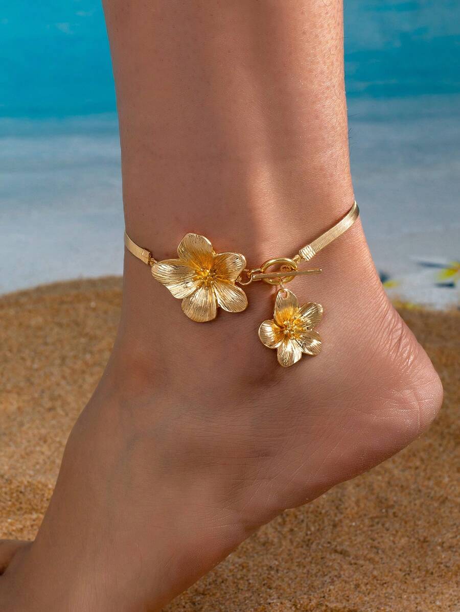 1pc Fashionable White Painted Floral Simple Elegant Personalized Anklet For Women, Suitable For Vacation And Party - Yellow Gold - View 1