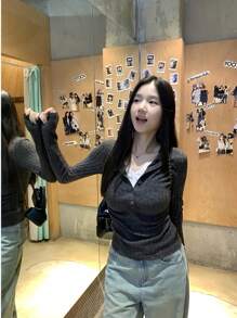 Buttons Detail Casual Lace Ruched 2 In 1 Brushed T-Shirt Top