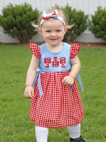 Girls Summer Plaid Dress Flying Sleeve Round Neck Lobster Embroidery A-Line Beach Dresses