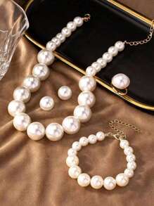 5pcs Ladies' Jewelry Set,1pc Geometric Style Fashionable Faux Pearl Necklace, 1pair Faux Pearl Stud Earrings, 1pc Faux Pearl Bracelet, 1pc Faux Pearl Ring