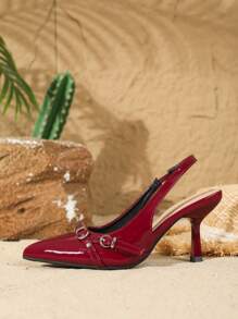 9cm Pointed Toe Elegant Stiletto High Heel Women Dress Shoes With Multiple Strap Buckle, Mirror PU Material, Wine Red, Suitable For Daily Wear And Parties
