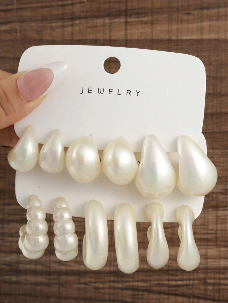 6-12pcs/Set Fashionable Beautiful Faux Pearl Plated Earrings, Suitable For Women To Wear All Year Round