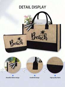 女士沙滩手提包，配有旅行化妆包，印有“沙滩”和棕榈树图案，帆布材质，适合收纳沙滩必备物品，是送给女性、妈妈、老师、朋友、伴娘、学生、返校季的绝佳礼物，容量大，是度假、周末出游、个性化生日礼物、节日、返校季、夏季、假期、沙滩出行的理想之选（含围巾），也是母亲节的最佳礼物。 - 彩色 - 查看 6