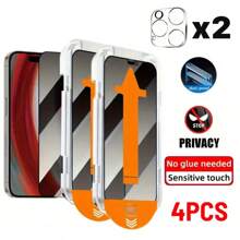 2 stuks One-Click Film Applicator Privacy Gehard Glas Schermbeschermer + 2 stuks Camera Lensbeschermer, Luchtbelvrije Installatie, Volledige Dekking, Anti-Vingerafdruk, Compatibel met iPhone
