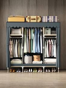 1 Standalone Metal Wardrobe Organizer System, 59.05 Inch Width, Sturdy Steel Frame With Reinforced Joints, Waterproof Fabric Cover, Moisture & Dust Proof, Easy To Clean, Standalone Weather-Resistant Closet, Enclosed Storage Capacity ≥3.2 Cubic Feet, Height ≥27 Inch, Wall-Mounted Wardrobe System