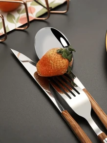 12pcs/Set Stainless Steel Flatware Set With Faux Wooden Handles - Includes Knives, Forks, Spoons And Coffee Spoons - Dishwasher Friendly, Suitable For Home, Restaurant And Party Use,School Supplies - Multicolor - View 5