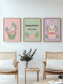 Juego de 3 carteles personalizados sin marco de conejos de Pascua, huevos brillantes y caza de huevos familiar para decoración de habitación infantil, con nombre personalizado, decoración sin marco para habitación de bebé