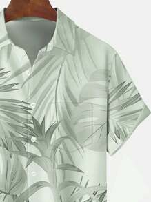Camisa masculina vintage havaiana de manga curta, tamanho grande, folgada e leve, com estampa digital 3D de flores e folhas. - Verde - Ver 3