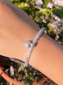 1pc Sparkling Micro Pave Cubic Zirconia Dangling Heart Shape Charm Open Bangle Bracelet For Women, Daily Engagement Wedding Party Jewelry Accessories