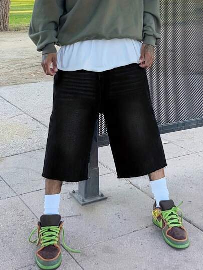 GlobeSwift 男士复古水洗宽松直筒阔腿牛仔短裤