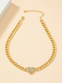 1pc Gold-Tone Rhinestone Heart Pendant Necklace, Suitable For Daily Wear - Yellow Gold - View 3