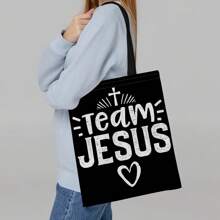 1pc Slogan Printed Letters Tote Bag Reusable Polyester Shopper Can Be Used For Shopping Travel Gift For Friends - Multicolor - View 1