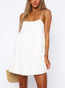 Women Summer Flowy Short Sundress Babydoll Dress White Black Mini Dresses For Women Going Out Dress Sleeveless Backless Flared Loose Fit Tiered Ruffle Dress Night Out Club Dress Linen Boho Dress Beach Vacation Clothes Spaghetti Strap Cami Sun Dress Swing Dress Home Lounge Casual Cute Club Dress Rave Concert Outfits Cozy - 白色 - 查看 1