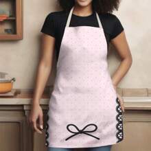 1PC Pink Linen Kitchen Apron, Lace Bow Print, Woven Polyester Cooking Apron, Student Dormitory Exclusive Apron