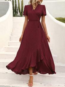 Women's Summer Wrap Dress Casual Boho Chic Floral V-Neck Short Sleeve Flanged Beach Holiday Dress - Màu Đỏ Sâu - Xem 3