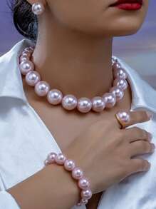 5pcs Ladies' Jewelry Set,1pc Geometric Style Fashionable Faux Pearl Necklace, 1pair Faux Pearl Stud Earrings, 1pc Faux Pearl Bracelet, 1pc Faux Pearl Ring