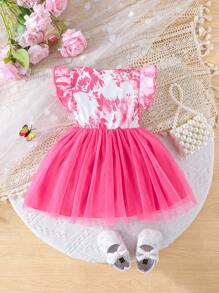 Baby Girls' Cute Ruffled Sleeve Bowknot Mesh Overlay Dress, Summer - Pink - View 2