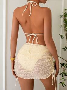 3pcs Lace Mesh Set - Halter Tie Up Ruched Mini Skirt For Beach, Holiday, Party, Camping, Bikini - Apricot - View 3