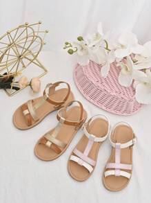 1 双女童时尚简约拼色 T 型带平底凉鞋，适合夏季度假、海滩、日常穿着 - 粉色 - 查看 7