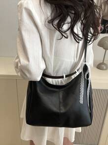 高品质时尚简约包包，女士包，休闲单肩包，大容量腋下包，复古多功能斜挎包 - 纯色，黑色，斜挎包，适合多种场合，拉链封口，涤纶内衬，无包边 - 黑色 - 查看 2