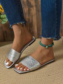 Women's Summer New Square Toe Flat Lightweight Casual Slide Sandals, Open Toe, Stripe Pattern, Fashion Versatile Soft Sole, Comfortable For Holiday, Beach, Daily Wear - Silver - View 5