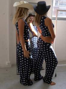 Women Y2k 2 Piece Summer Outfit Tracksuit Sets Vintage Star Print Sleeveless Round Neck Crop Tank Tops + Casual Wide Leg Long Pants Streetwear Soft Cozy Loungewear Retro Aesthetic Clothes Sets 2000s - Black - View 4