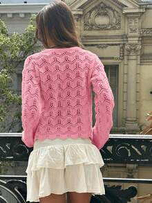 Women's Beach Cover Up Cover Up - Hollow Out Knitted Top With Bow Tie, V-Neck Loose Drop Shoulder Design, Crochet Bikini Crop Top, Tie Front Flare Sleeve Knit Shawl, Plus Size Girls Ruffled Knitted Shrug, Spring/Summer/Autumn - Pink - View 4