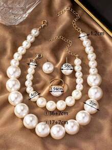 5pcs Ladies' Jewelry Set,1pc Geometric Style Fashionable Faux Pearl Necklace, 1pair Faux Pearl Stud Earrings, 1pc Faux Pearl Bracelet, 1pc Faux Pearl Ring