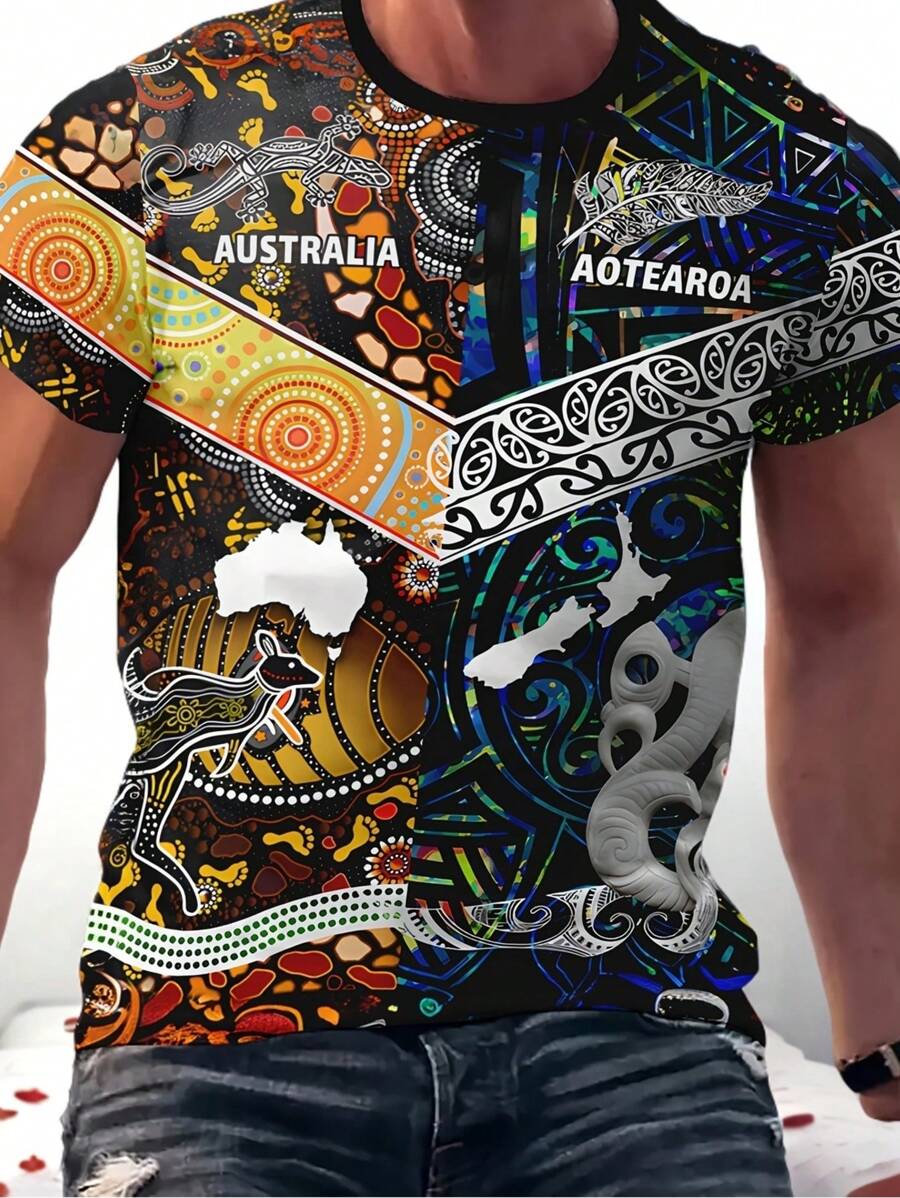 Herren lässiges Polyester Rundhals T-Shirt mit lebendigen grafischen Drucken, inspiriert von Australien und Otago, Regular Fit aus gestricktem Material - Verschiedenfarbig - Übersicht 1